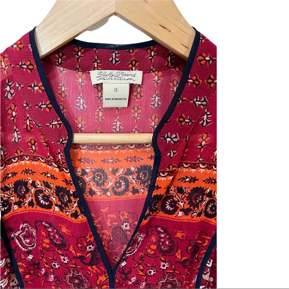 LUCKY BRAND BOHO FLORAL V-NECK RED ORANGE SLEEVELESS SHEER BLOUSE SIZE SMALL - Picture 6 of 16